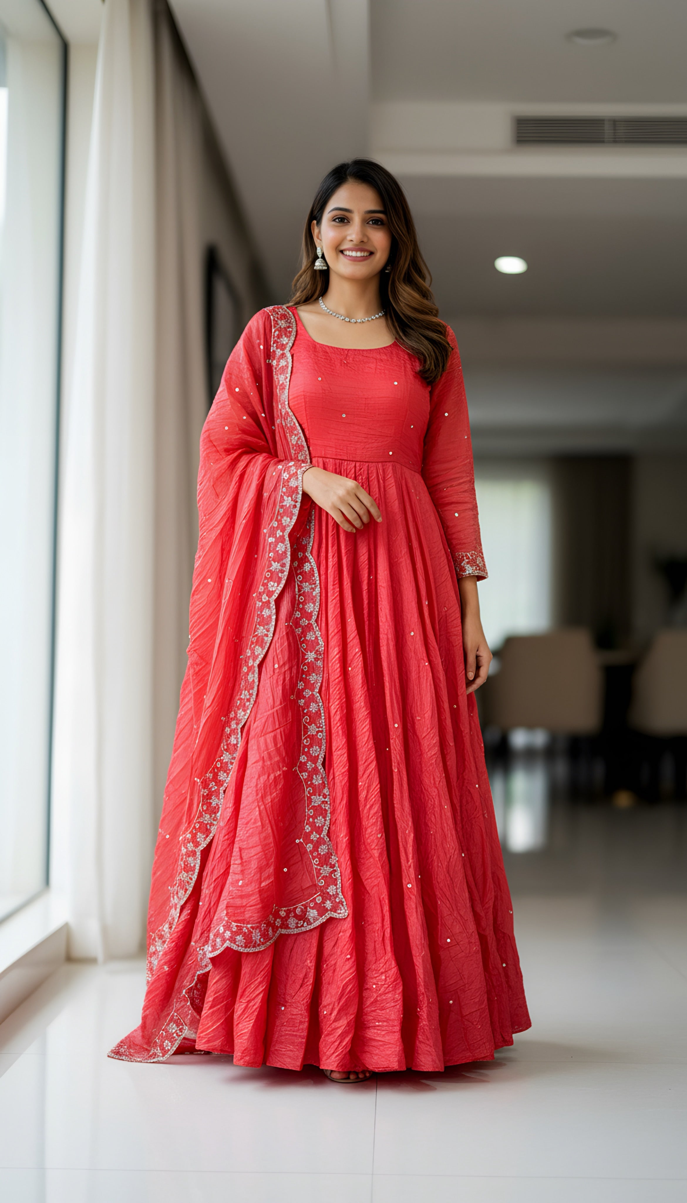 Lehenga Mart Premium Readymade Gown With Dupatta Set For Women-Coral pink