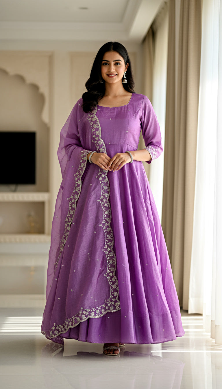 Lehenga Mart Premium Readymade Gown With Dupatta Set For Women-Lavender