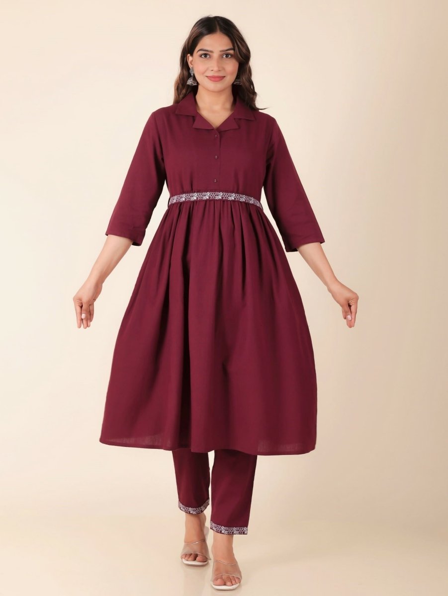 Aramya Maroon Linen Cotton Solid A-line Kurta for Women