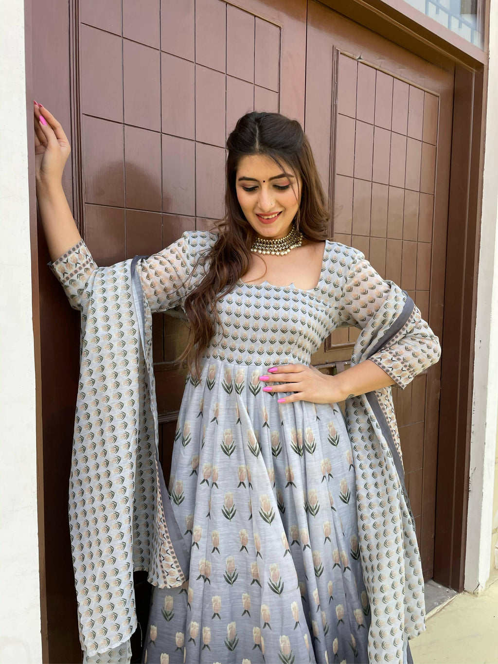 Partywear Designer Gray Chanderi Suit - Anbazaar
