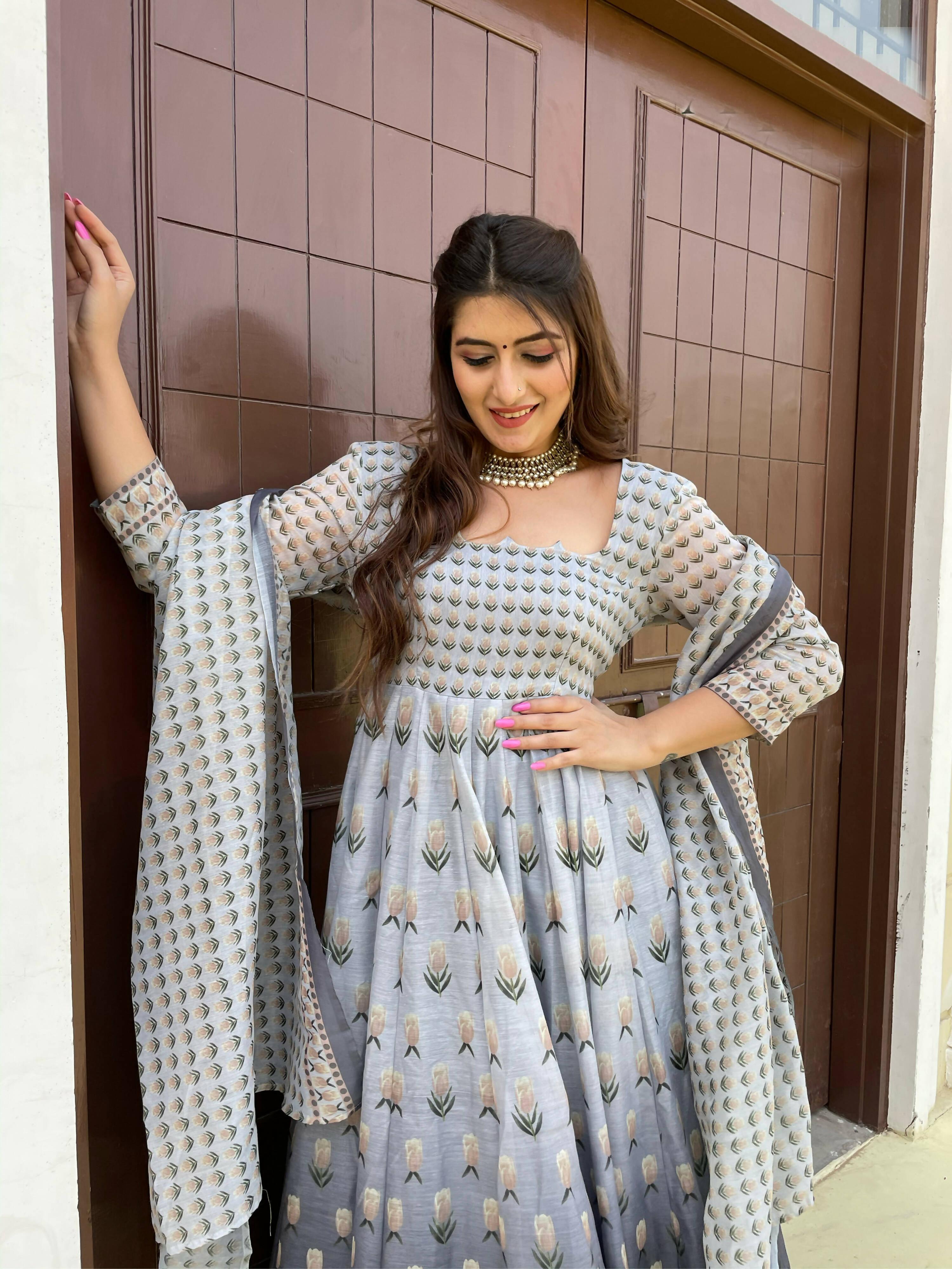 Partywear Designer Gray Chanderi Suit - Anbazaar