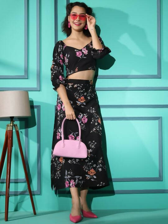 Black Crepe Floral Printed Top with Matching Skirt - Shivani