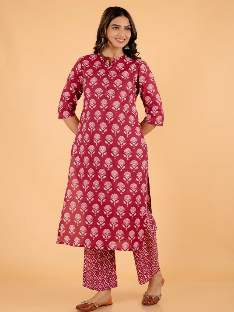 Aramya Pink Soft Cotton Block Print Straight Kurta Set for Women