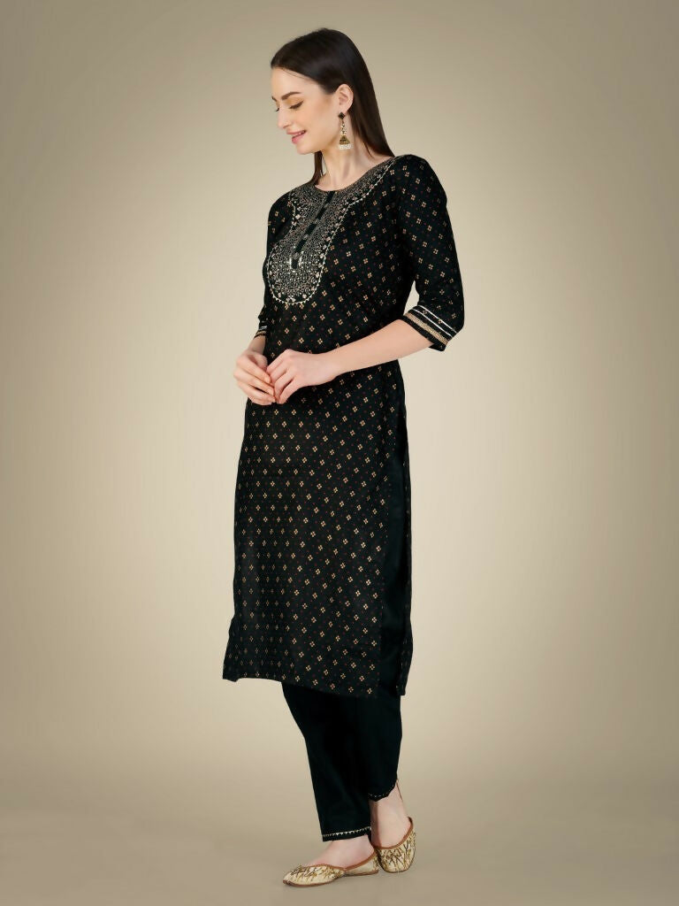 Jyoti Fashion Women's Black Cotton Magic Slub Embroidery & Sequence work Kurta with Trouser & Dupatta