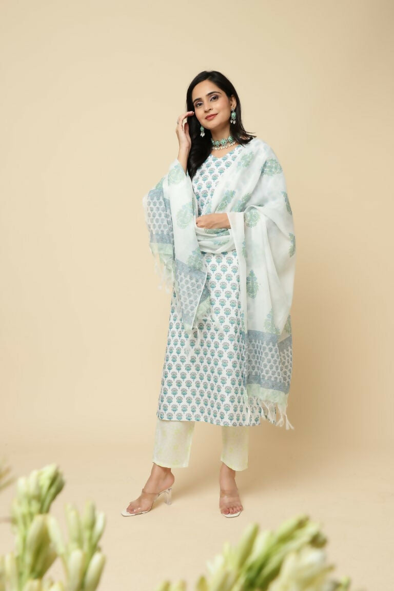 Designer Stylish Skyblue Cotton Blend Stitched Suit With Dupatta - Tanisha