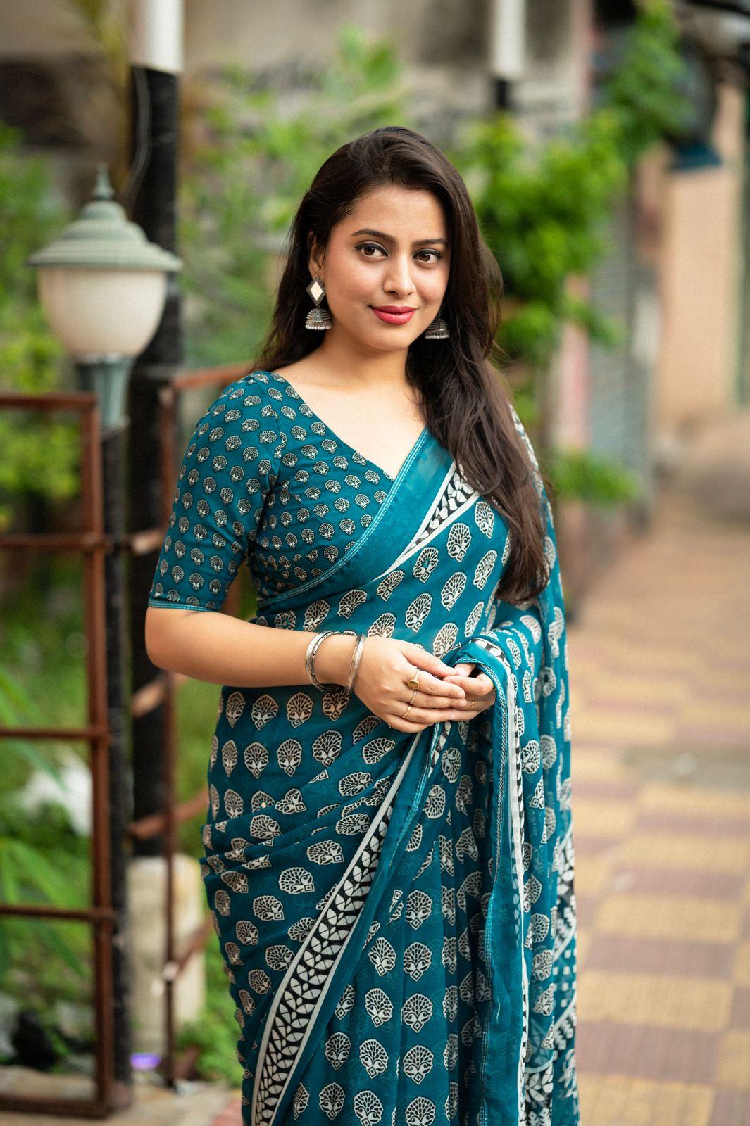 Rama Poly Georgette Ajrak Saree with Unstitched Blouse - A2M