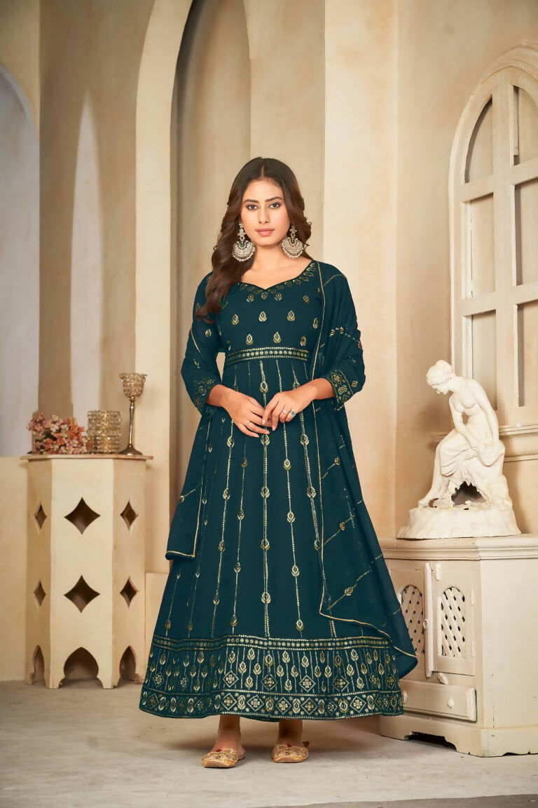 Jyoti Fashion Women's Rama Georgette Embroidered Anarkali Kurta Pant Set With Dupatta