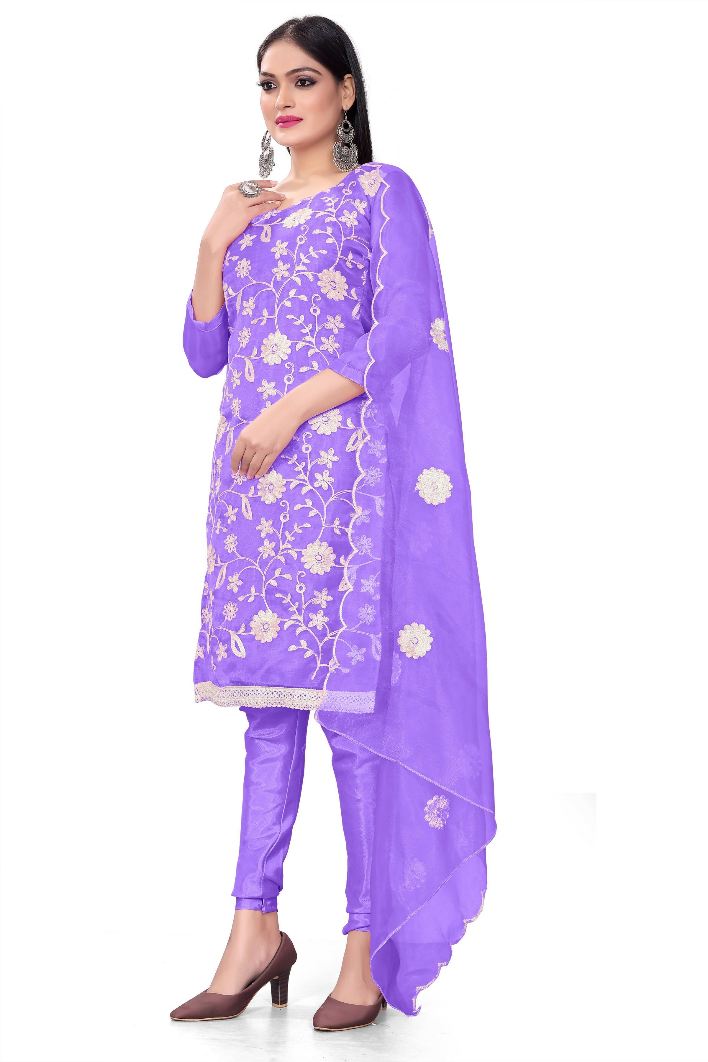 Lavender Organza Silk Embroidered Work Unstitched Dress Material - Tanvi