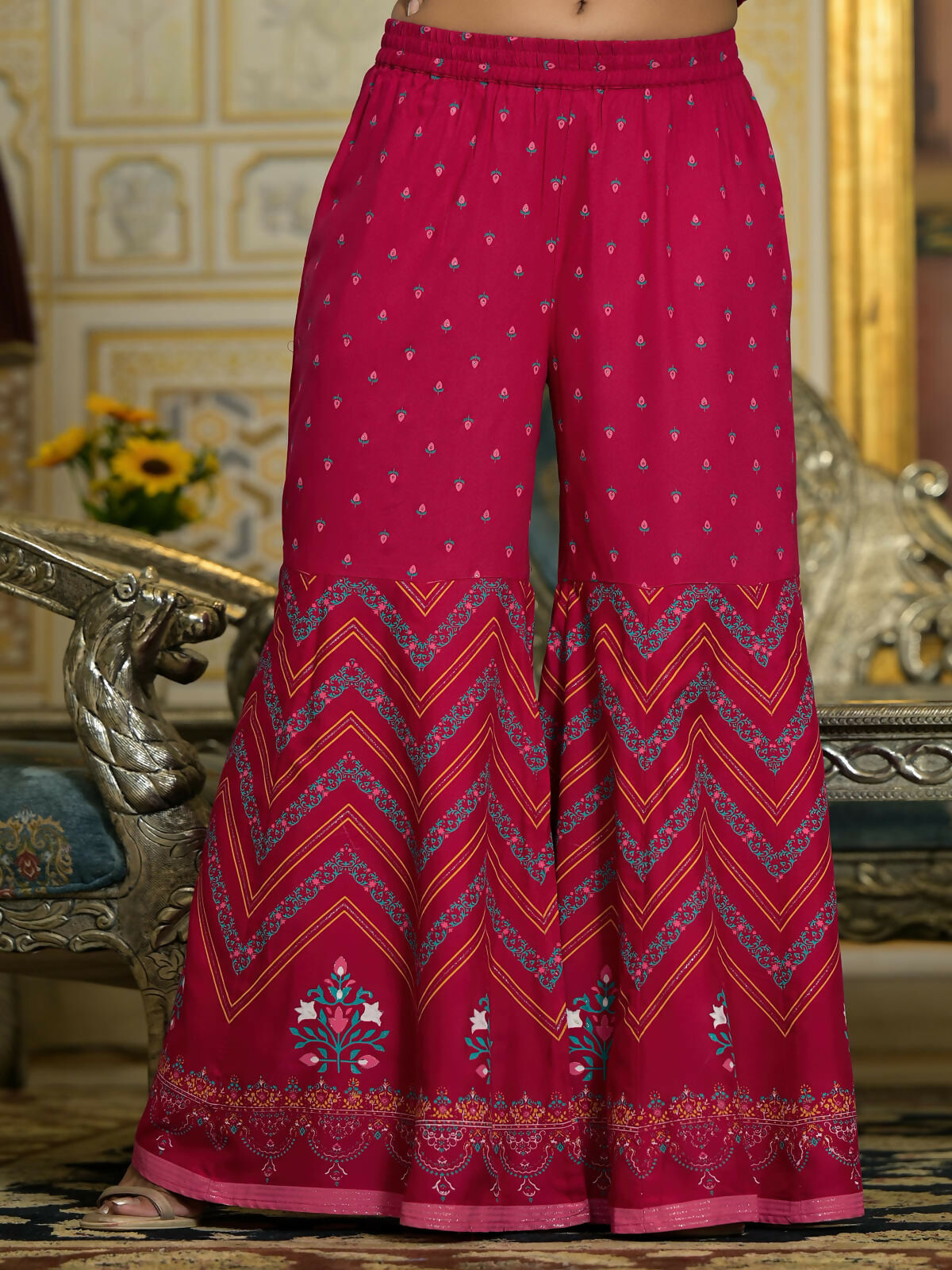 Juniper Women's Fuchsia Ethnic Motif Printed Liva Rayon Tunic Sharara and Dupatta Set With Sequins & Gota Patti Work