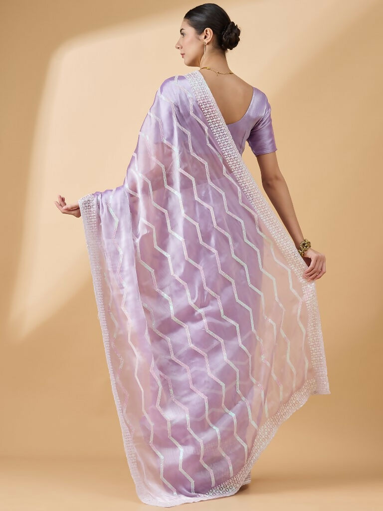 Purple Tissue Slub Embroidered Saree with Unstitched Blouse - Vairagi
