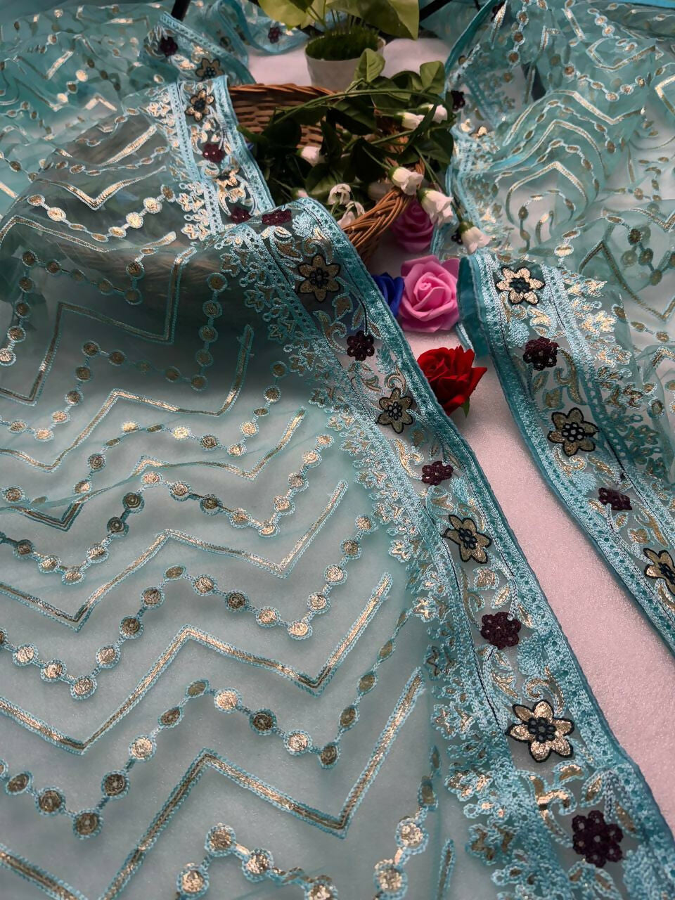 Vastranavya Butterfly Net Designer Chain Stitch Embroidery Work with Foil Thread & Stone Work Saree with Blouse Material - Turquoise