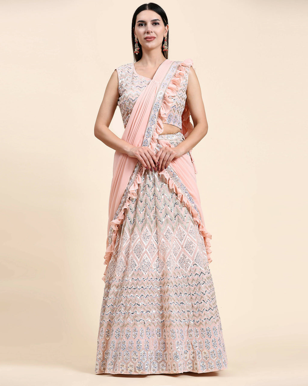 Peach Pure Viscose Georgette Thread With Sequins Embroidery Work Lehenga Choli With Dupatta - Tanya