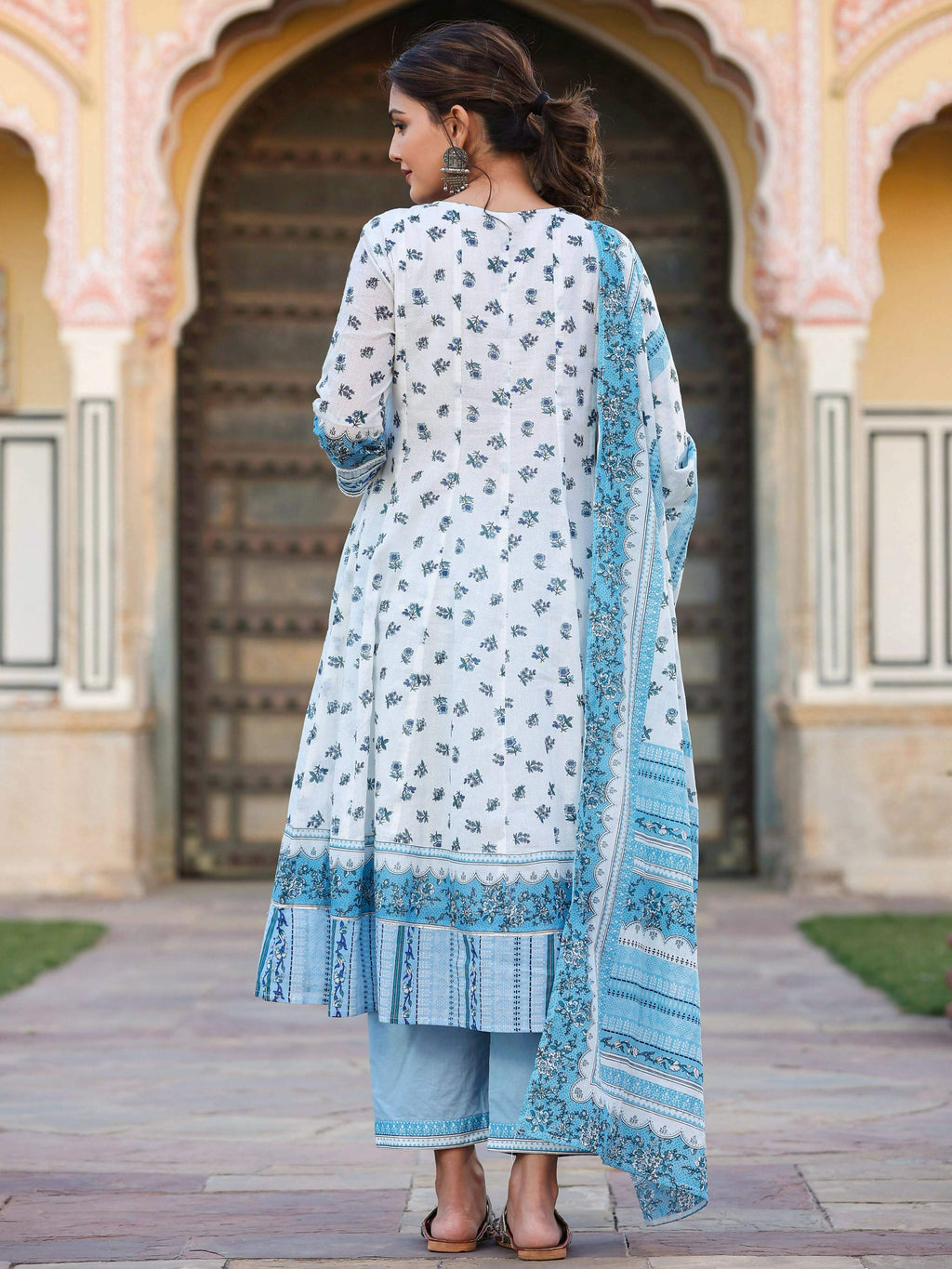 Juniper Women's White Cotton Voile Floral Printed Kurta With Cambric Straight Pant And Voile Duptta