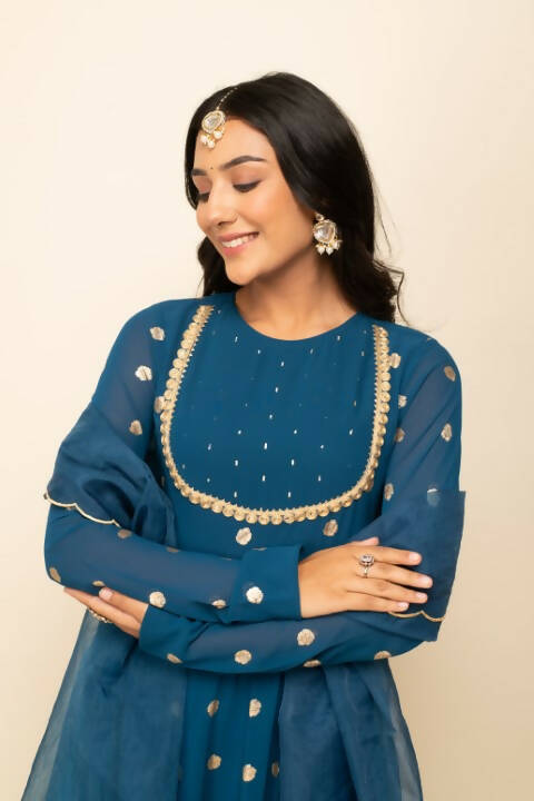 FIORRA Women's Teal Blue Georgette Anarkali Kurta With Dupatta