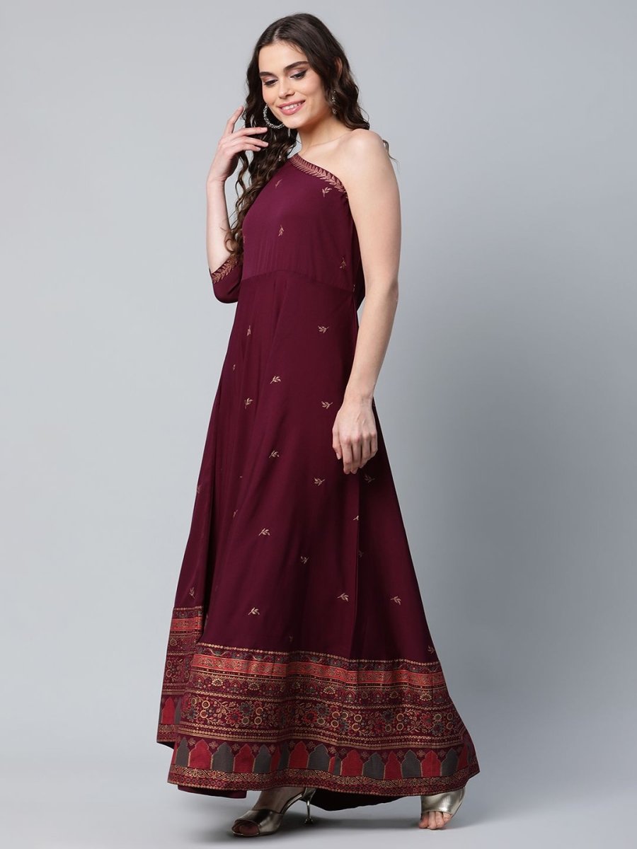 Ahalyaa Women Burgundy & Gold-Toned Ethnic Motifs One Shoulder Ethnic Maxi Dress