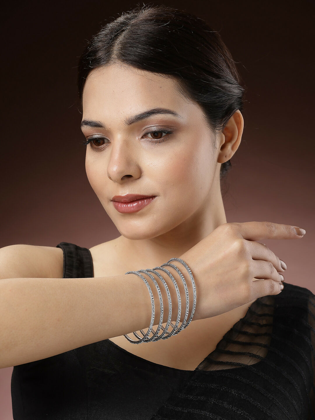 NVR Women's Set of 6 Silver-Toned German Silver Oxidised Bangles