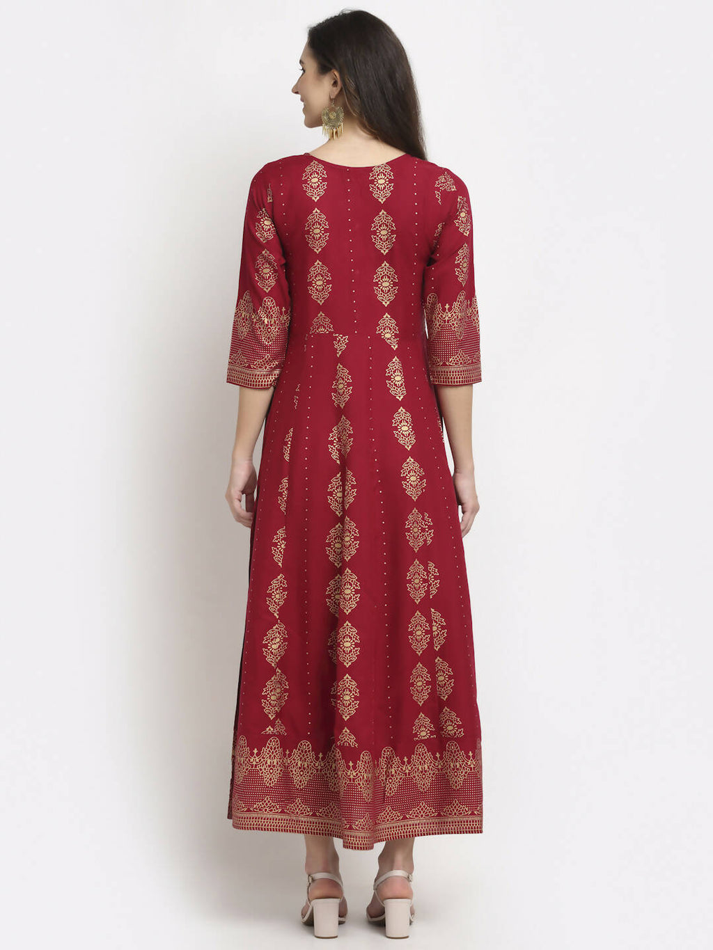 Rudra Bazaar Gold Printed Flared Anarkali Maroon kurti