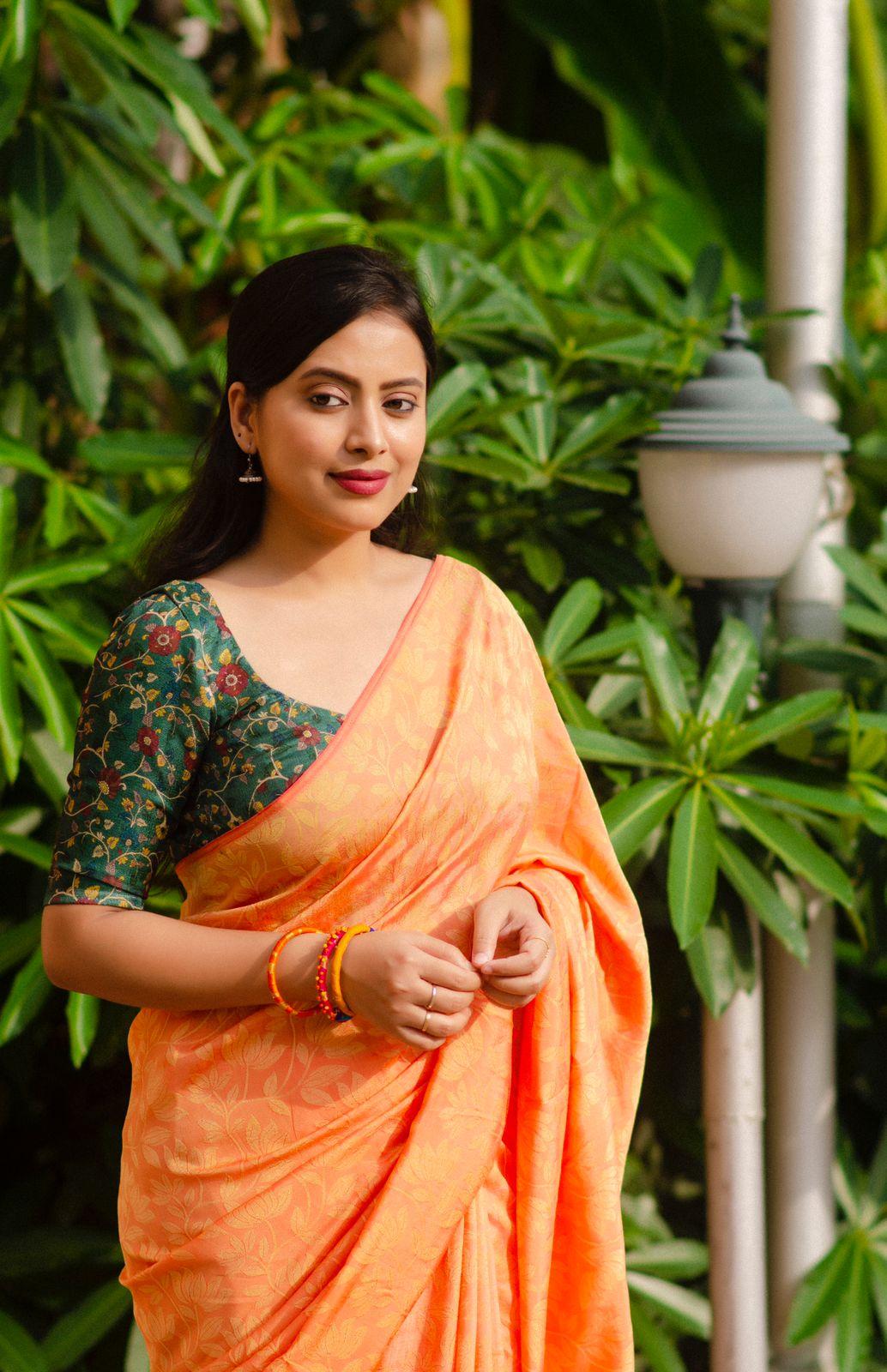 Saffron Jute Silk Woven Design Saree with Unstitched Blouse - Hiral Fashion