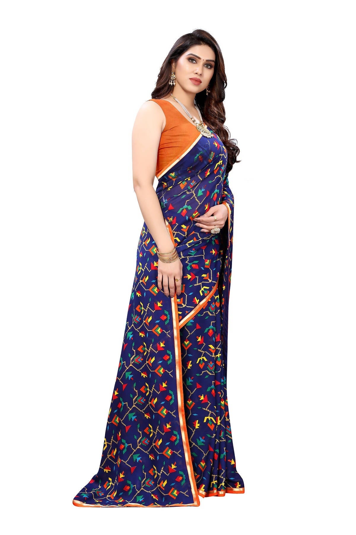 Vamika Ethnic Fire Blue Printed With Lace Saree