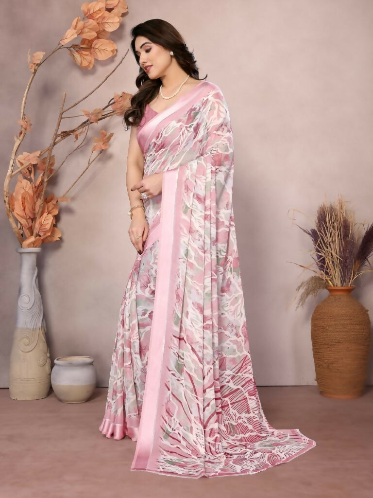 Designer Partywear Peach Bright Moss Satin Patta Fancy Saree - Kanak
