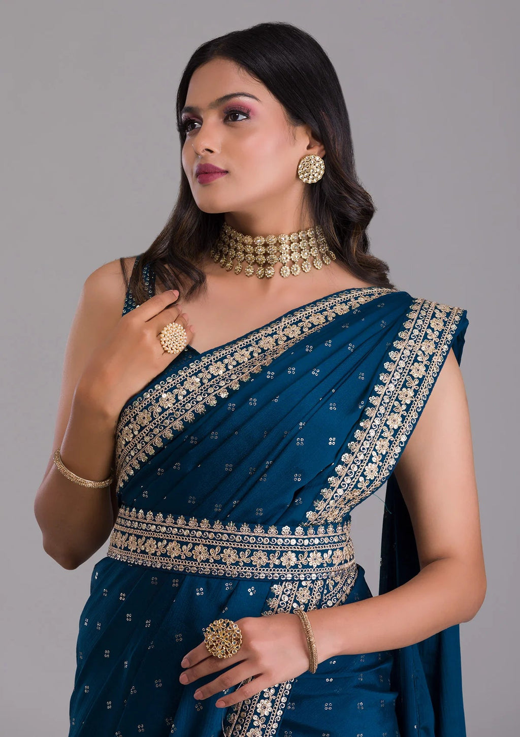 Vamika Blue Chinon Zari Embroidery With Sequins Saree