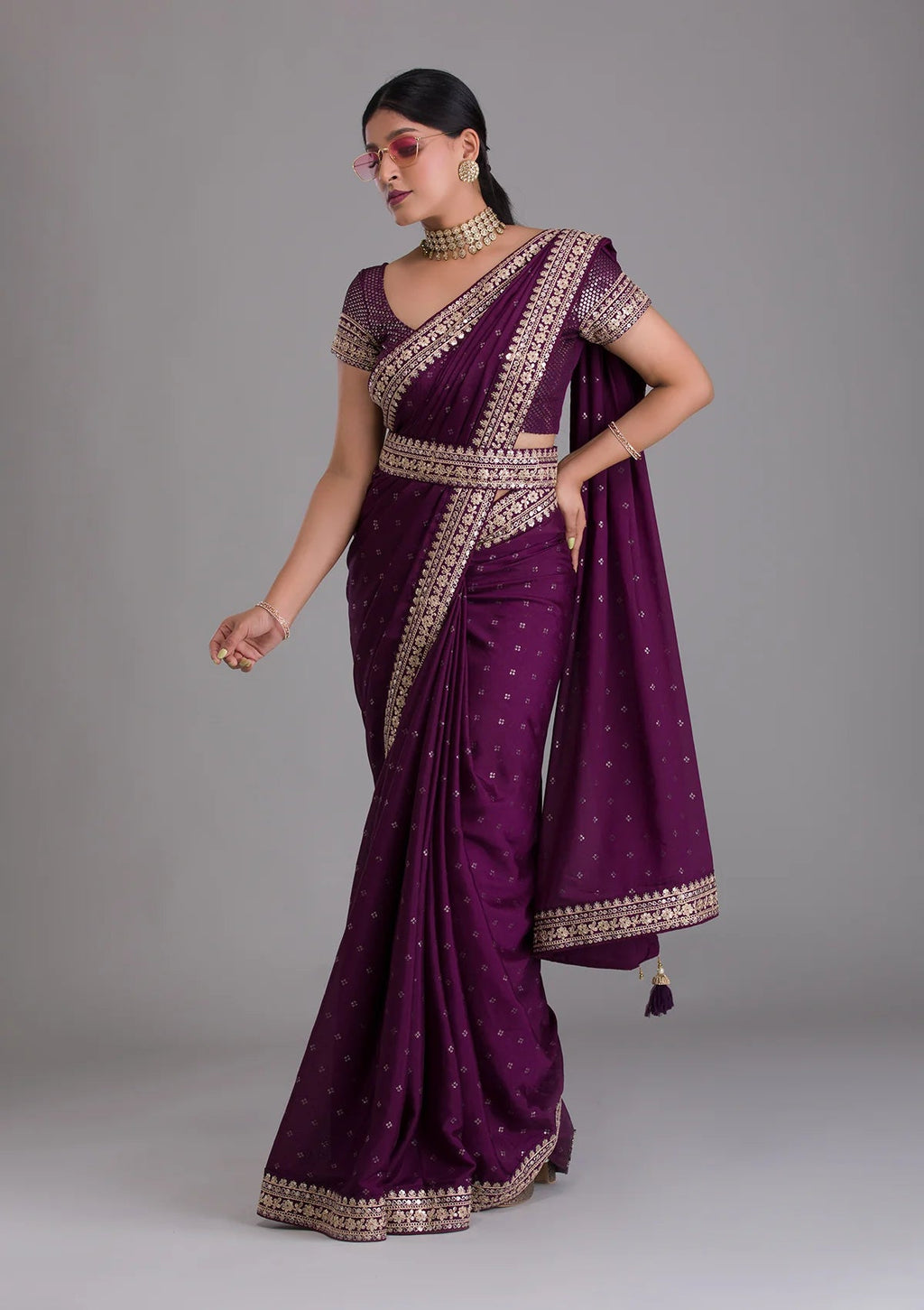 Vamika Purple Chinon Zari Embroidery With Sequins Saree