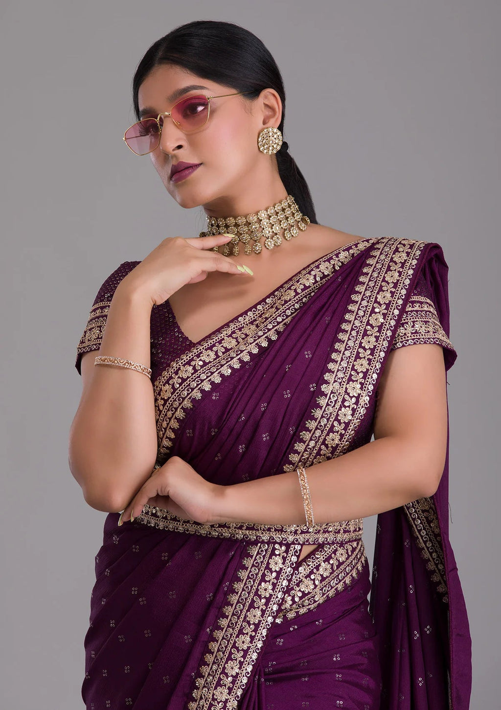 Vamika Purple Chinon Zari Embroidery With Sequins Saree