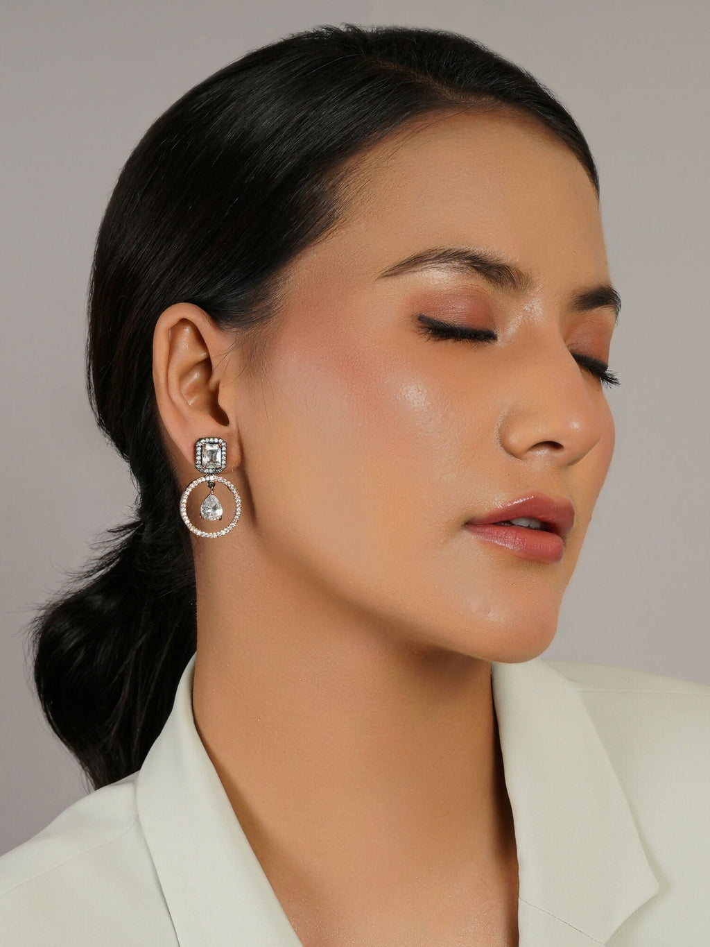 Stone kundan earrings (white) - Ruby Raang