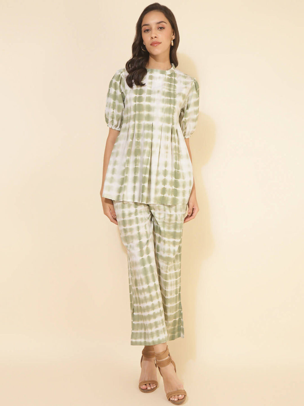 Janasya Women's Off White Cotton Tie & Dye Casual A-line Co-ords