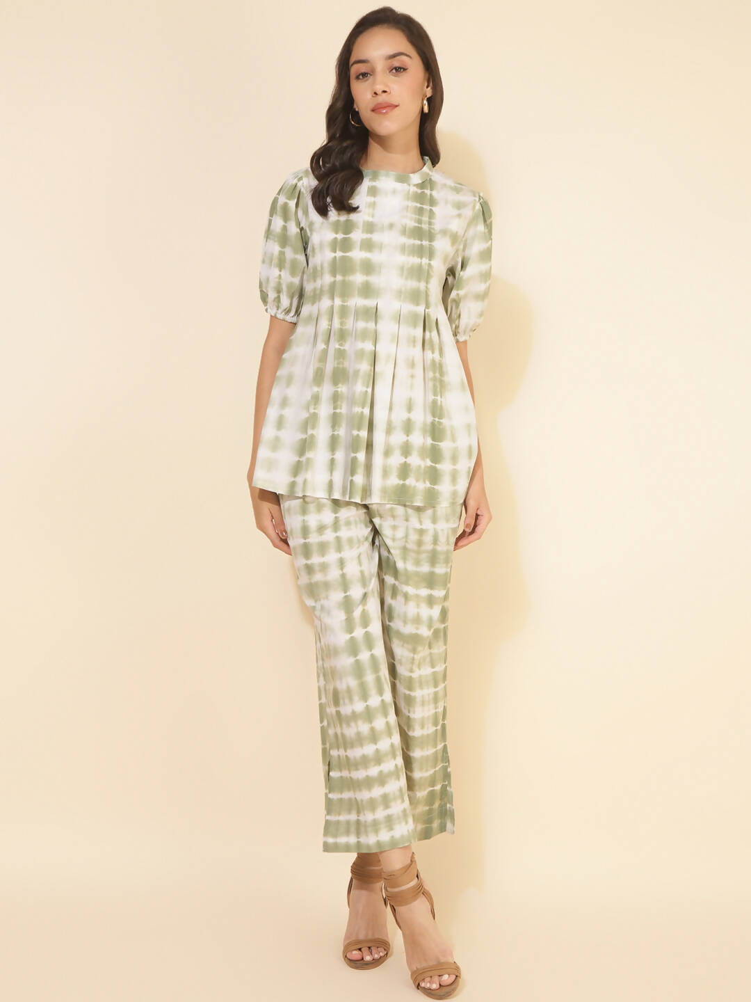 Janasya Women's Off White Cotton Tie & Dye Casual A-line Co-ords
