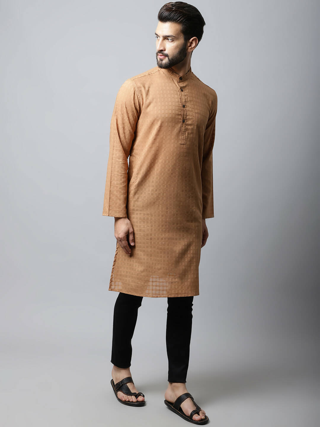 Even Apparels Brown Color Pure Cotton Men's Kurta With Band Collar (CHK1200)