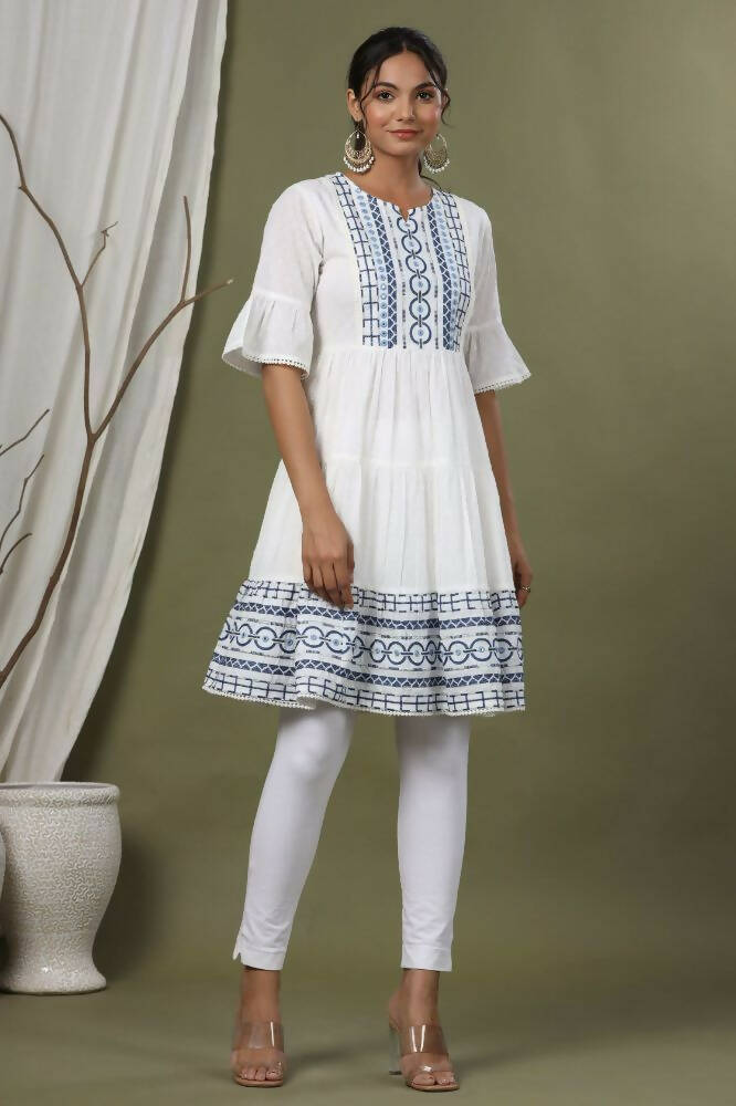 Juniper Sky Blue Cotton Dobby Festive Embroidered Tiered Dress For Women