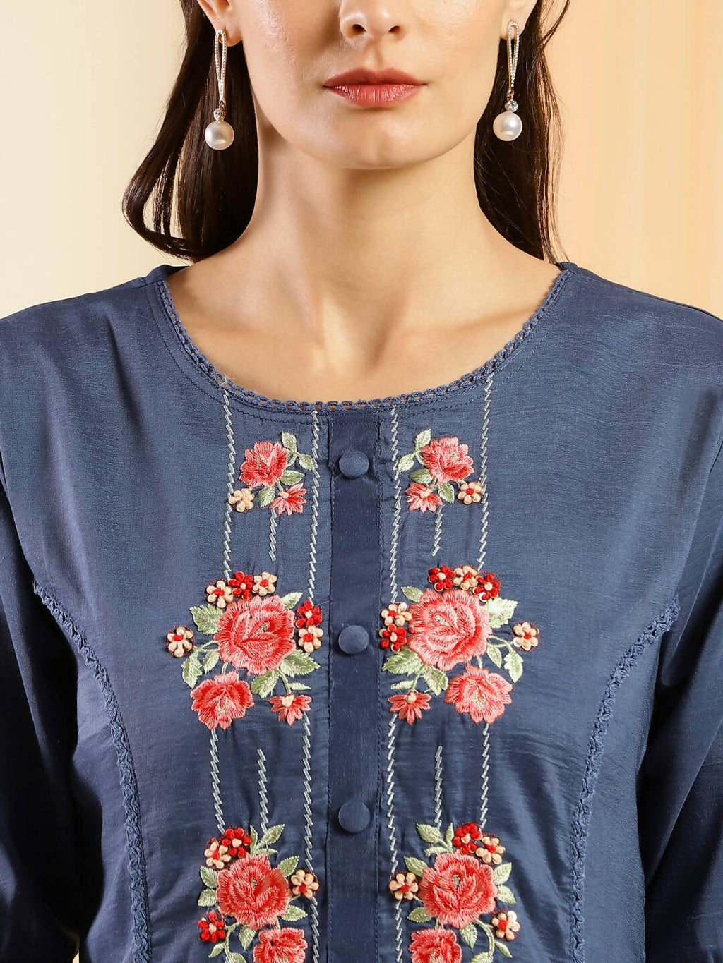 Navy Blue Chinon Embroidered Straight Kurta with Trouser & Dupatta - Salimar