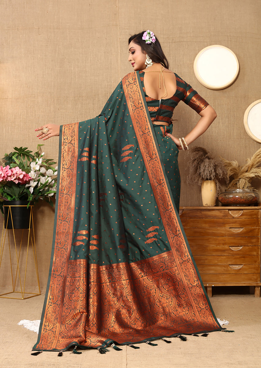 Lorenvalley Fashion Darkgreen Soft Silk Copper Zari weaving Design Saree