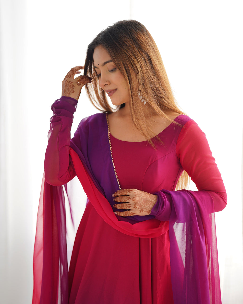 Lorenvalley Women Pure Soft Faux Georgette Colorful Padding Anarkali Kurta Pant With Dupatta Set - Darkpink