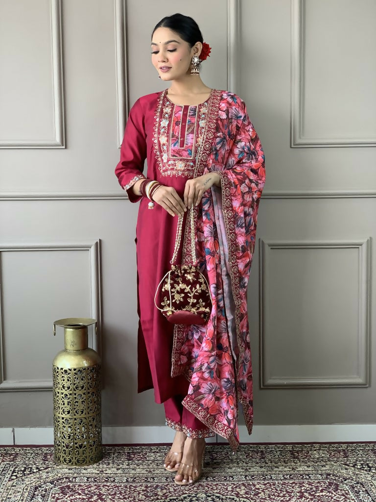 Partywear Designer Viscos Chanderi Maroon Stitched Suit With Dupatta - Tanisha