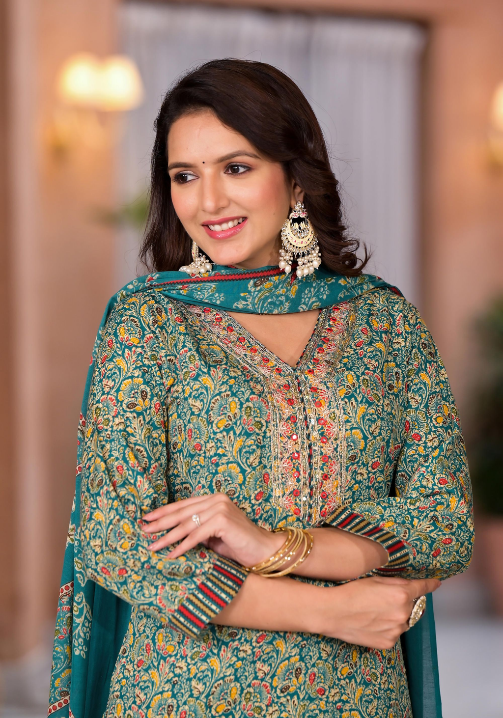 Juniper Women's Rama Green Cotton Ethnic Motif Printed Kurta Set With Sequins & Thread Work