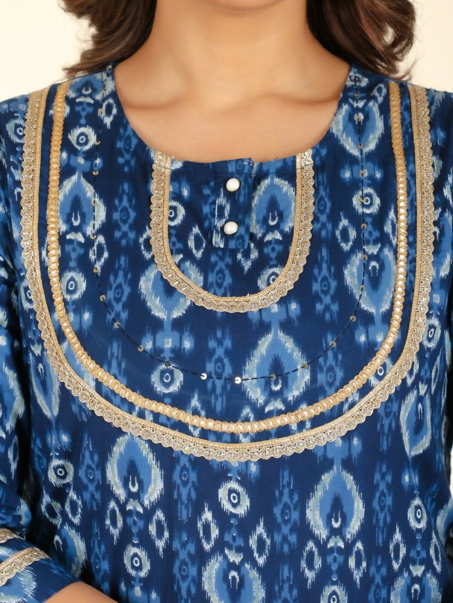 Aramya Straight Soft Cotton Ikat Print Women's Kurta - Blue