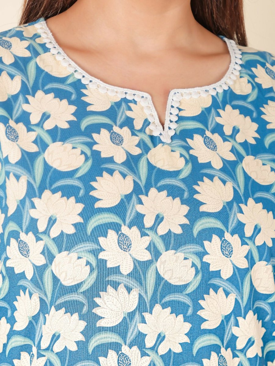 Aramya Kaftan Soft Cotton Floral Print Women's Kurta - Blue
