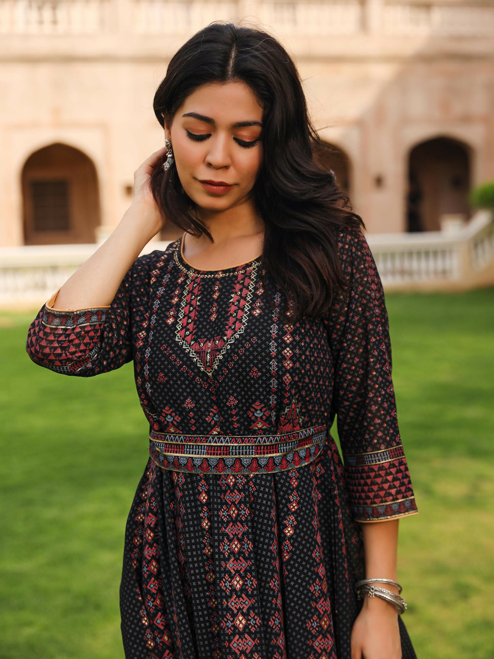 Juniper Women's The Mahautsavam Black Ethnic Motif Printed Georgette Dress With Sequins & Beads