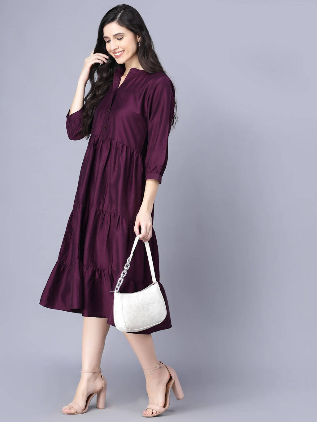 Myshka Silk Solid 3/4 Sleeve V Neck Purple Women Dress