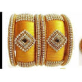 Yellow Color Silk Threaded with Diamond shape White Stone Bangles