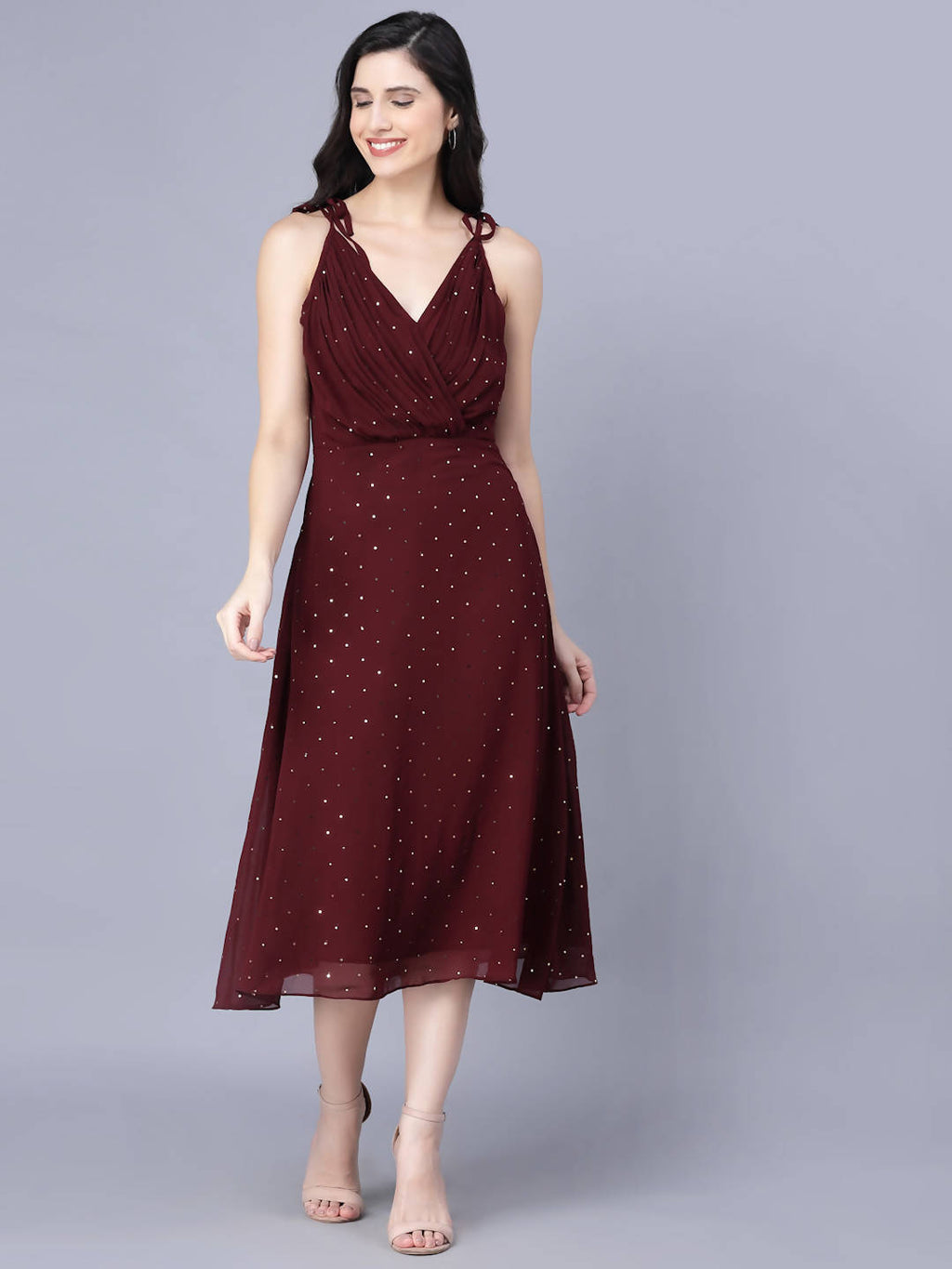 Myshka Georgette Solid Sleeveless Shoulder Straps Maroon Women Dress