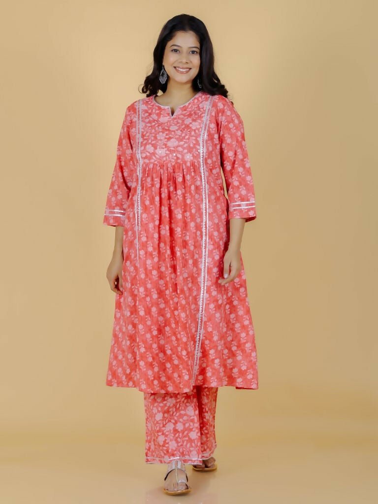 Aramya Pink Kantha Cotton Floral Print Panelled Kurta Set for Women