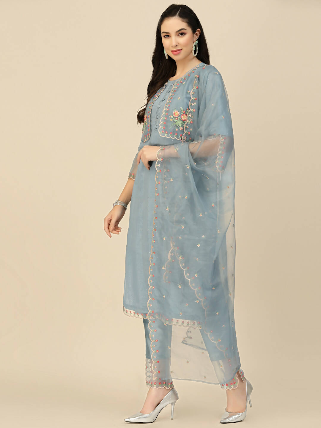 Sky Blue Embroidered Chinon Straight Kurta With Trouser & Dupatta - Salimar