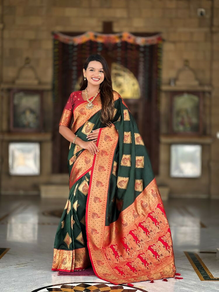 PR Fashion Freen Soft Banarasi Silk With Zari Weaving Meenakari Design Saree