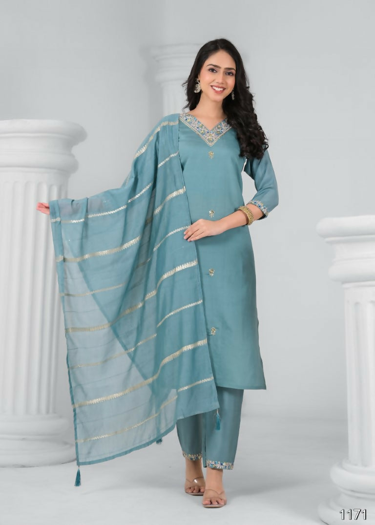 Ethnic Festive Wear Chanderi Tile Stitched Suit With Dupatta - Tanisha