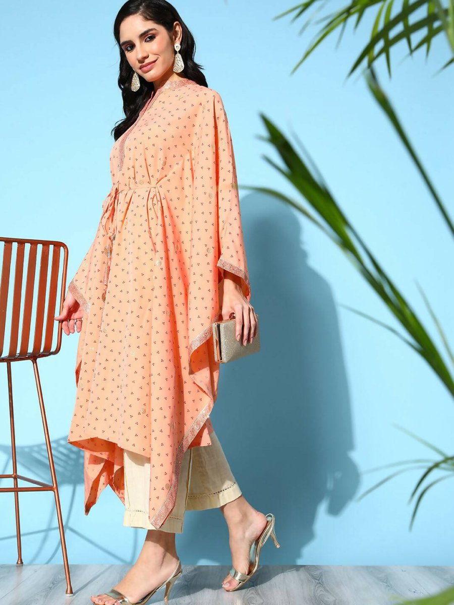 Ahalyaa Women's Peach Crepe Printed Kaftan Kurta
