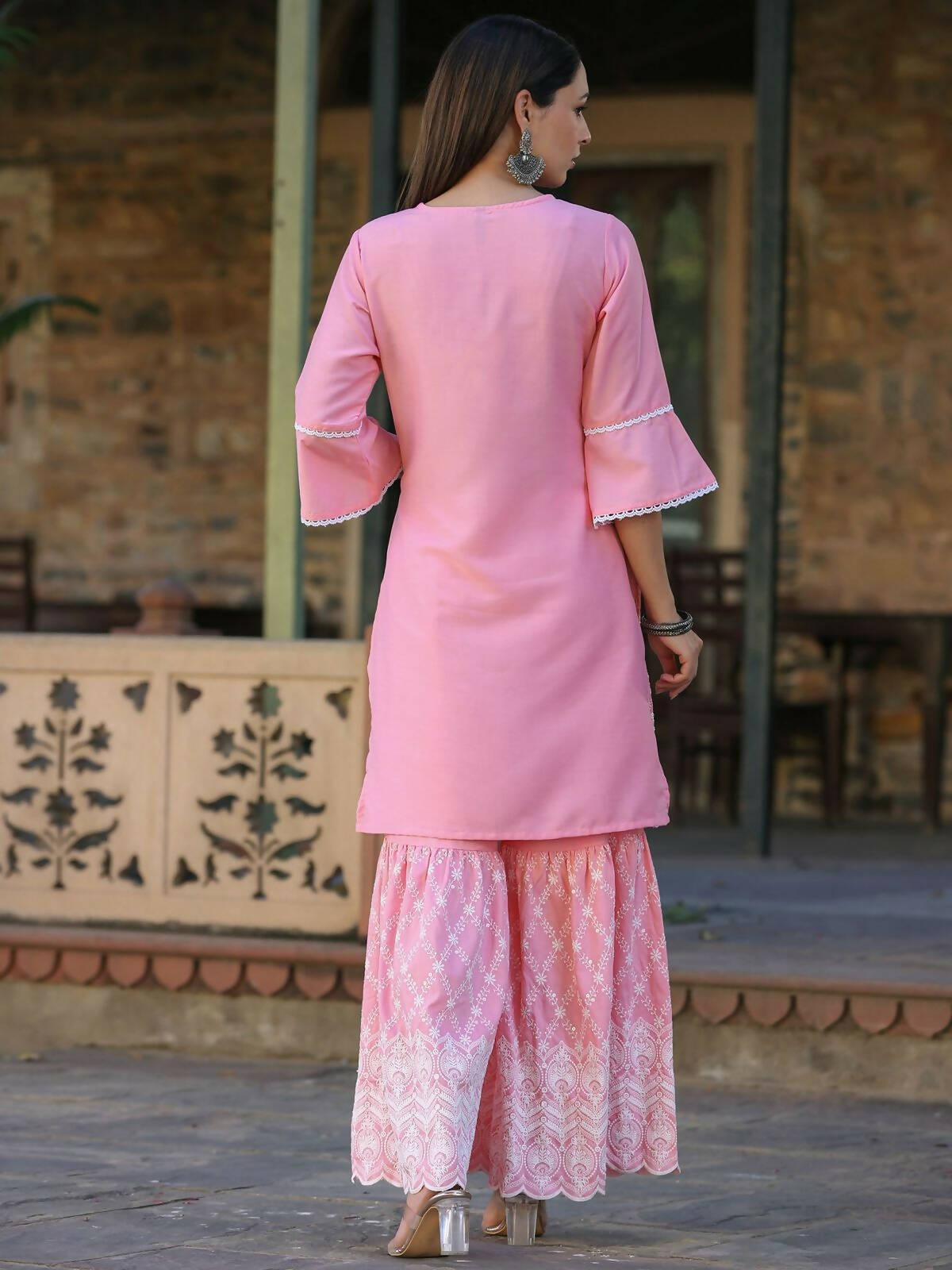 Juniper Women's Pink Chinnon Embroidered Kurta Garara Set