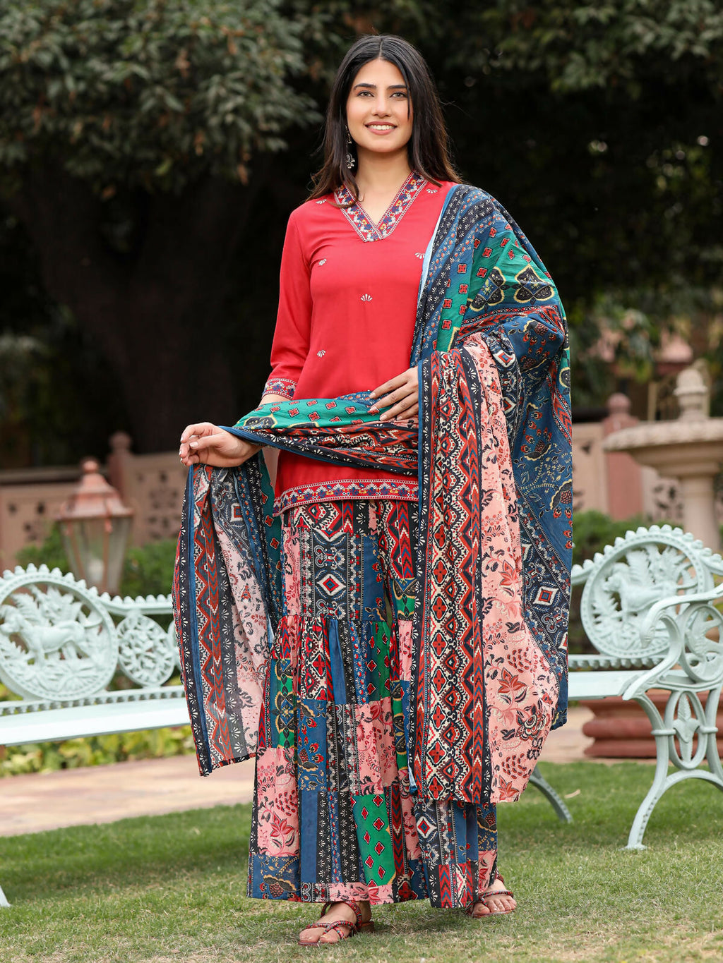 Juniper Women's Rust Thered Embroidered Rayon Kurta Sharara & Voile Dupatta Set